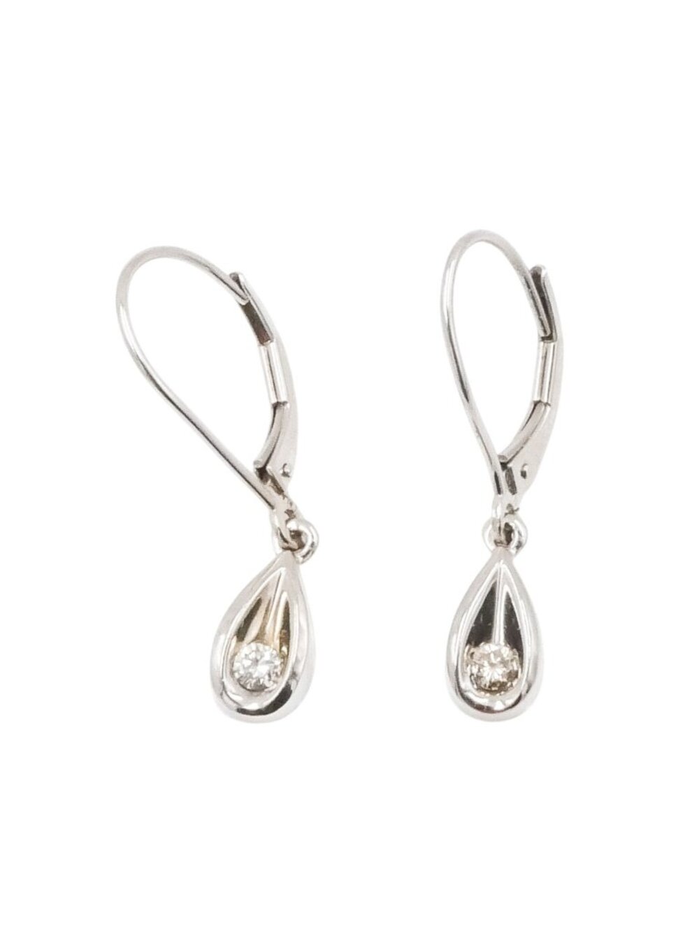 14K White Gold Diamond Teardrop Dangle Earrings 1/8 CT 1.125”
